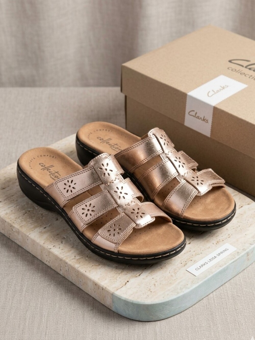 Clarks Women's Metallic Rosegold Triple-Strap Slide Mules